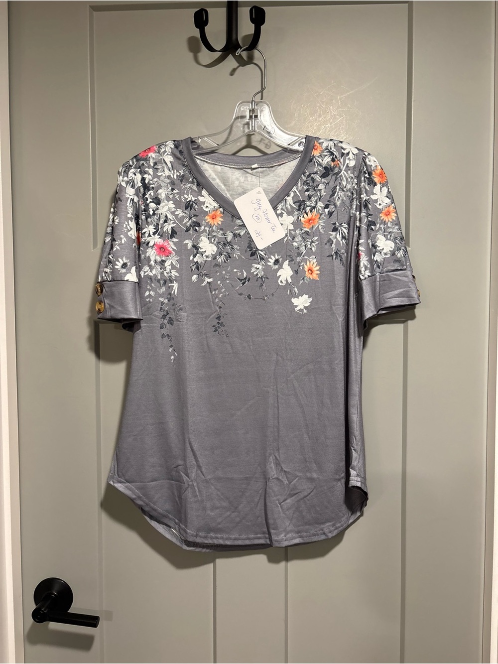 Women’s Gray Floral V-Neck Top with Rolled Sleeve Detail